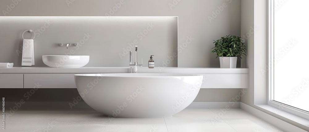 Modern Minimalist Bathroom with Freestanding Bathtub and Large Window