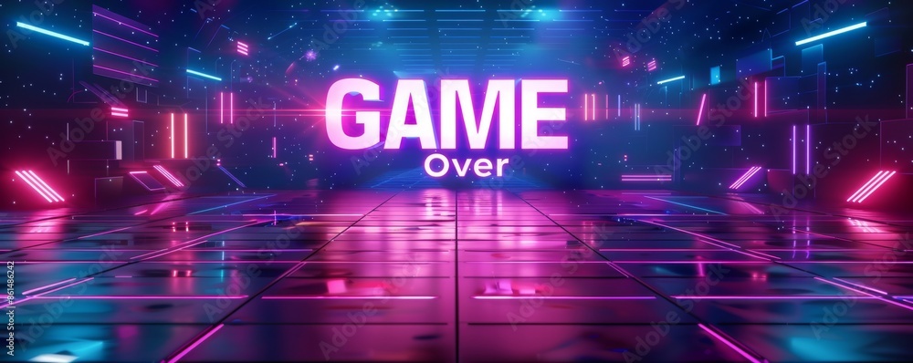 Futuristic game over screen with neon lights and reflections in a digital environment Futuristic game over screen with neon lights and reflections in a digital environment