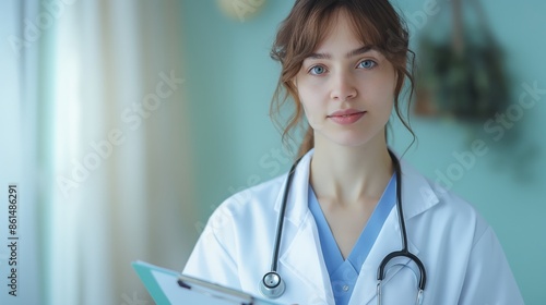 Female doctor in white coat holding clipboard, looking confident and focused in medical office background. photo