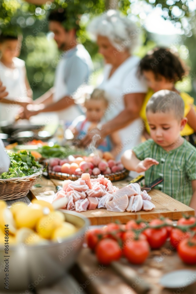 Hispanic Family Enjoying a Sunny Day Preparing Camping Recipes at a Park Picnic Table Hispanic Family Enjoying a Sunny Day Preparing Camping Recipes at a Park Picnic Table