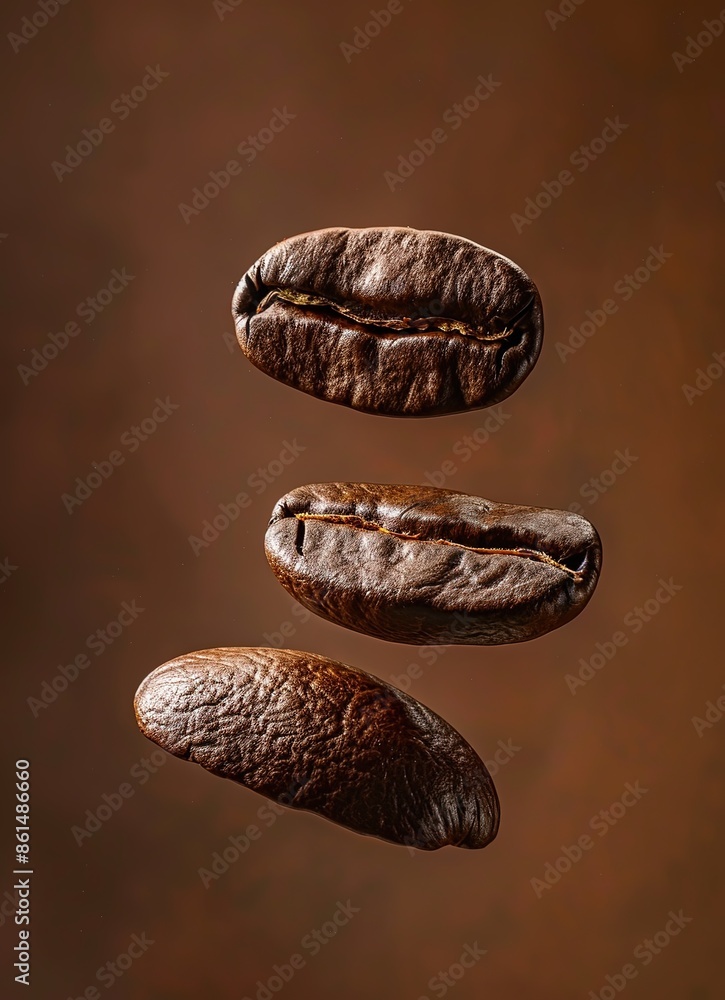 Coffee beans floating in the air each one broken into pieces and flying away Coffee beans floating in the air each one broken into pieces and flying away