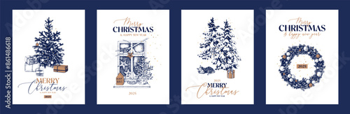 Merry Christmas hand drawn greeting cards set