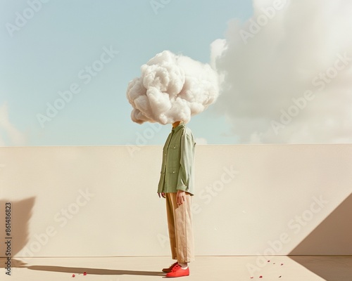 Surreal Minimalist Portrait of Young Woman with Cloud as Head in Stylish Outfit Under Blue Sky