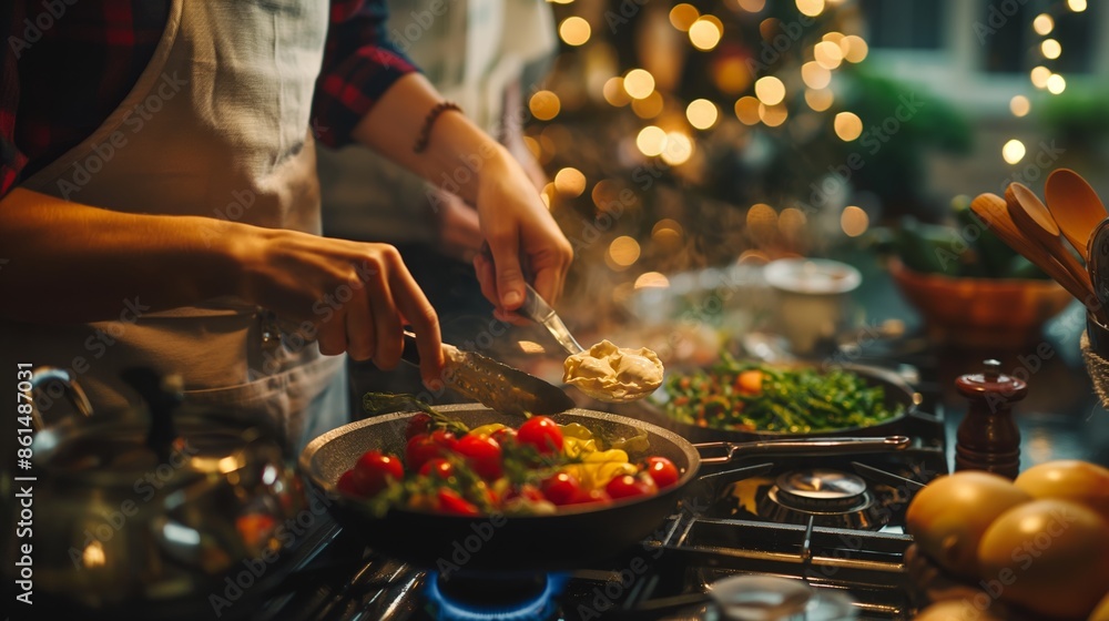 Close-up of hands preparing a fresh meal with assorted vegetables on the stove, accompanied by festive decorations and a warm holiday ambiance. Close-up of hands preparing a fresh meal with assorted vegetables on the stove, accompanied by festive decorations and a warm holiday ambiance.