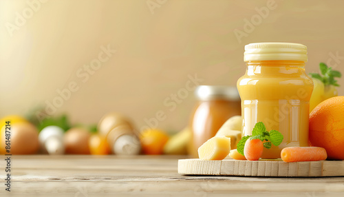 Jars of healthy baby food, fresh apple and vegetables isolated on kitchen background