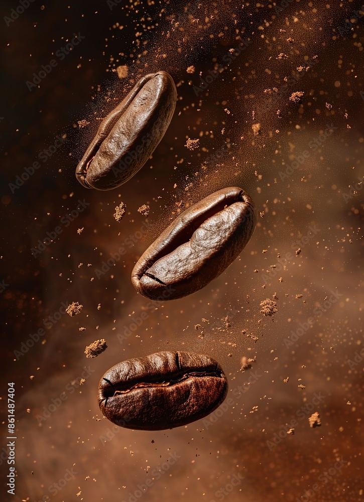 Coffee beans floating in the air each one broken into pieces and flying away Coffee beans floating in the air each one broken into pieces and flying away