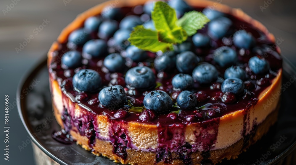 A whole blueberry cheesecake with a golden crust, garnished with fresh mint leaves and a generous layer of blueberry topping. A whole blueberry cheesecake with a golden crust, garnished with fresh mint leaves and a generous layer of blueberry topping.