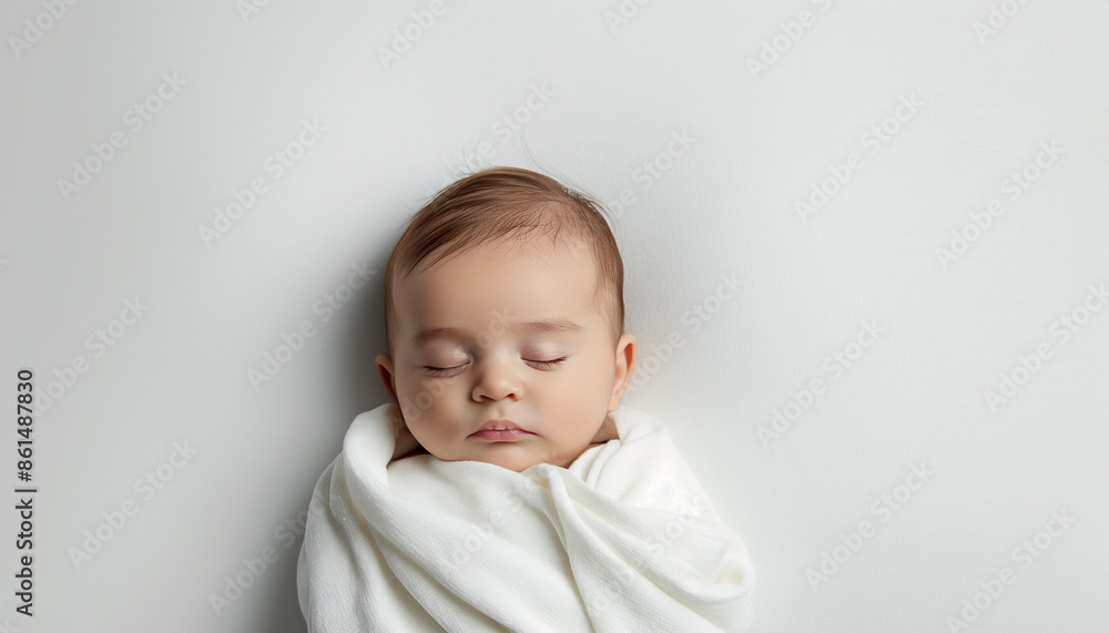 Peaceful sleeping baby swaddled in a white blanket, exuding calmness and purity, capturing the essence of innocence and tranquility with a serene, delicate expression Peaceful sleeping baby swaddled in a white blanket, exuding calmness and purity, capturing the essence of innocence and tranquility with a serene, delicate expression