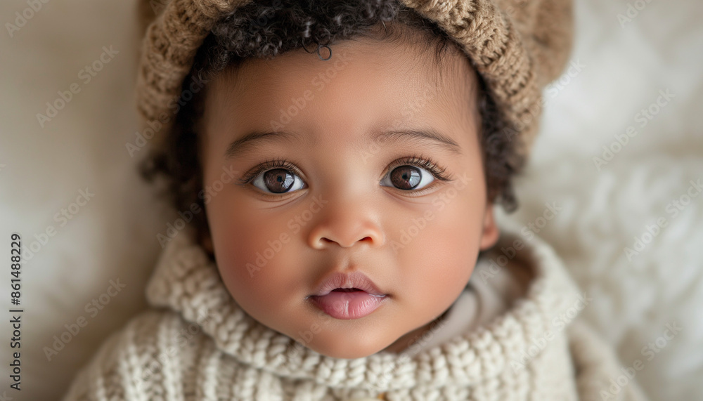 Adorable baby with big brown eyes wearing a knitted hat and sweater gazes curiously into the camera, showcasing innocence and warmth, making hearts melt with its cuteness Adorable baby with big brown eyes wearing a knitted hat and sweater gazes curiously into the camera, showcasing innocence and warmth, making hearts melt with its cuteness