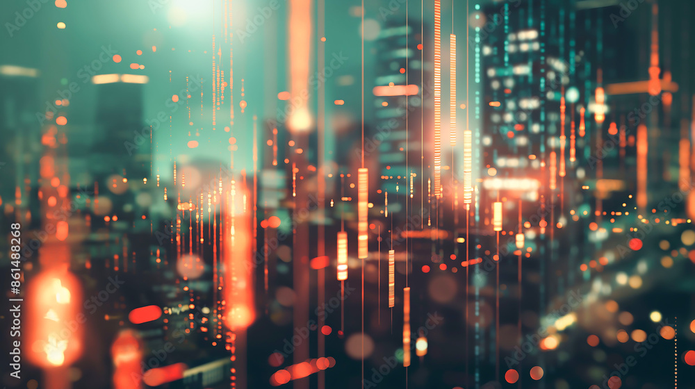 Abstract glowing big data forex candlestick chart on blurry city backdrop. Trade, technology, investment and analysis concept Abstract glowing big data forex candlestick chart on blurry city backdrop. Trade, technology, investment and analysis concept