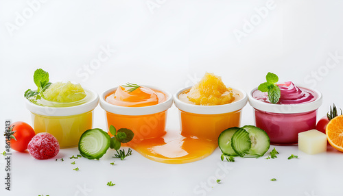 Jars of healthy baby food, fresh apple and vegetables isolated on white background