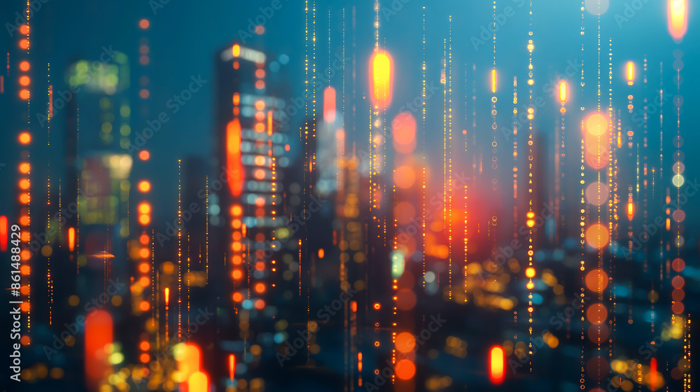 Abstract glowing big data forex candlestick chart on blurry city backdrop. Trade, technology, investment and analysis concept Abstract glowing big data forex candlestick chart on blurry city backdrop. Trade, technology, investment and analysis concept