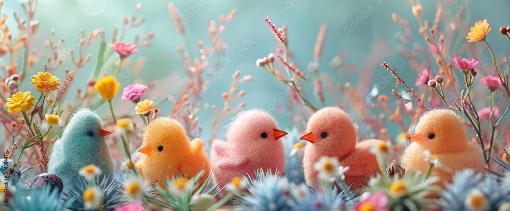 Multicolored Felt Birds Easter Background, Creating A Whimsical And Festive Scene Multicolored Felt Birds Easter Background, Creating A Whimsical And Festive Scene