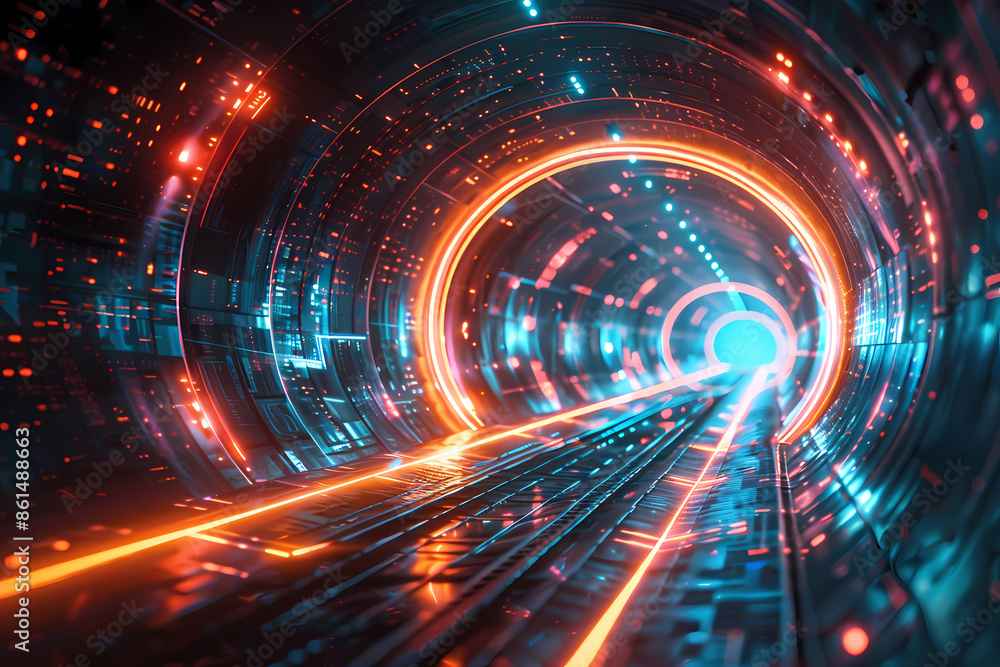 Futuristic glowing tunnel with neon lights, representing advanced technology and cyberspace. Futuristic glowing tunnel with neon lights, representing advanced technology and cyberspace.