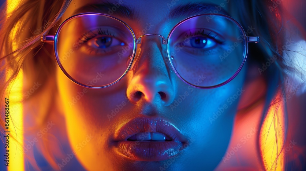 Woman Wearing Round Glasses Under Neon Lights Woman Wearing Round Glasses Under Neon Lights