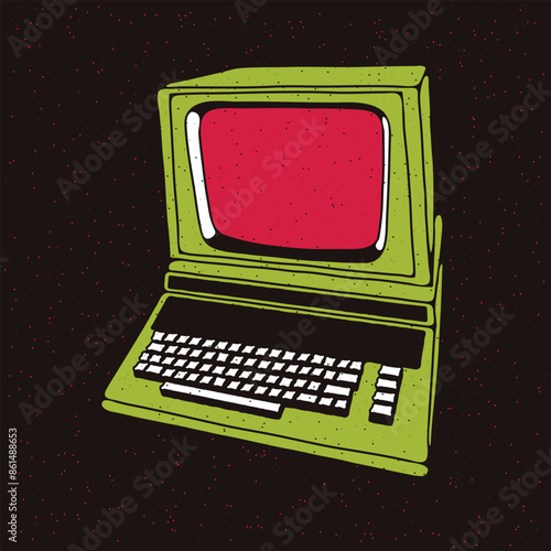 Old personal computer with a monitor. Vector illustration on grunge texture background.