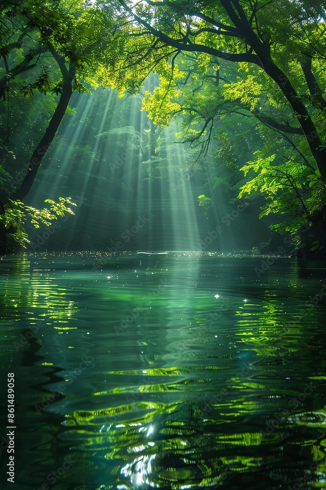 Obraz premium A Sunrays filter through the canopy in a mystical forest, creating a serene and magical atmosphere around the calm waters below