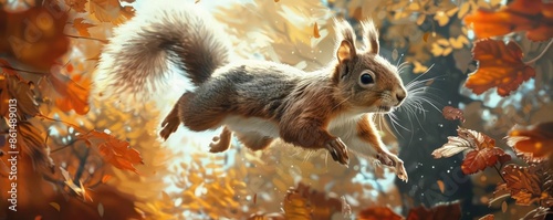 Dramatic low-angle view of a curious squirrel leaping mid-air between trees, oil painting style, emphasizing dynamic motion and the play of dappled light through the leaves photo