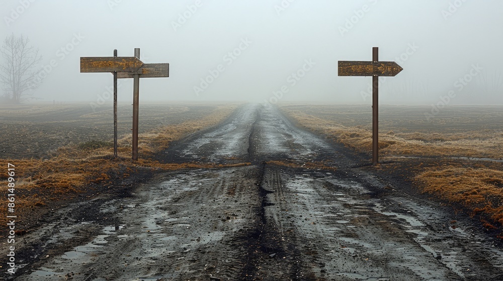 Surreal landscape with a split road and signpost arrows showing two ...