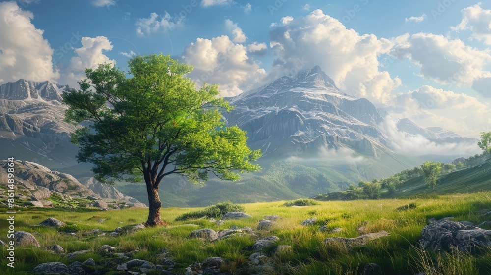 Fototapeta premium Tranquil scene featuring a lone tree amidst a serene meadow, with majestic mountains rising majestically on the horizon