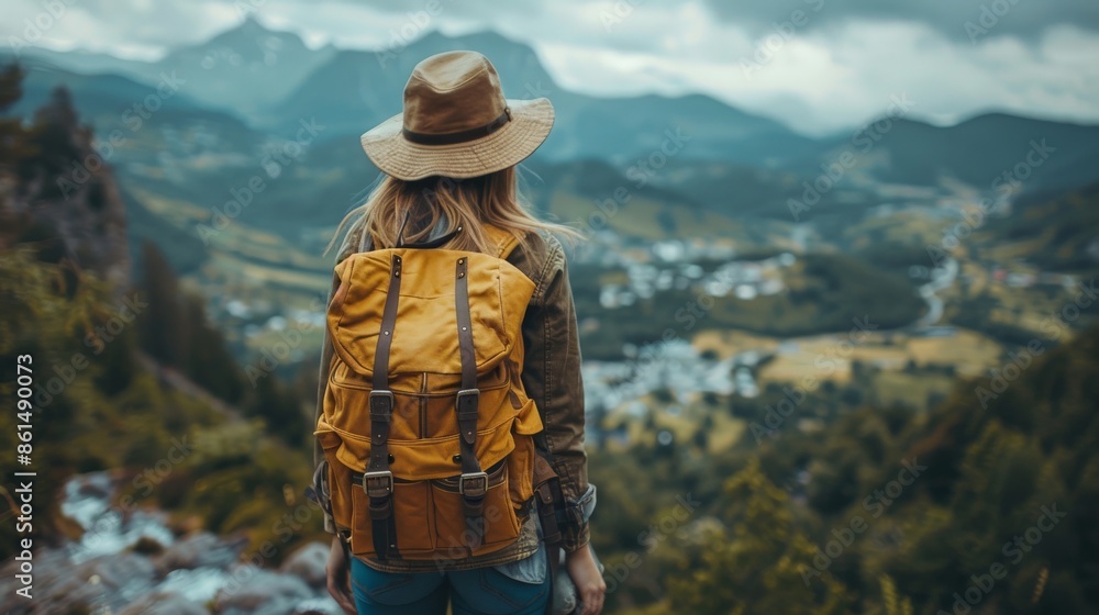 A Womans Solitary Journey Through Mountainous Terrain. Generative AI A Womans Solitary Journey Through Mountainous Terrain. Generative AI