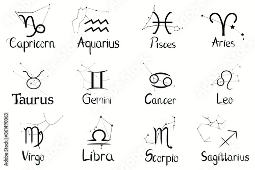 Icons Zodiac constellations and choreography. Vector retro graphic illustrations of horoscope signs, tattoo, black white, out line.