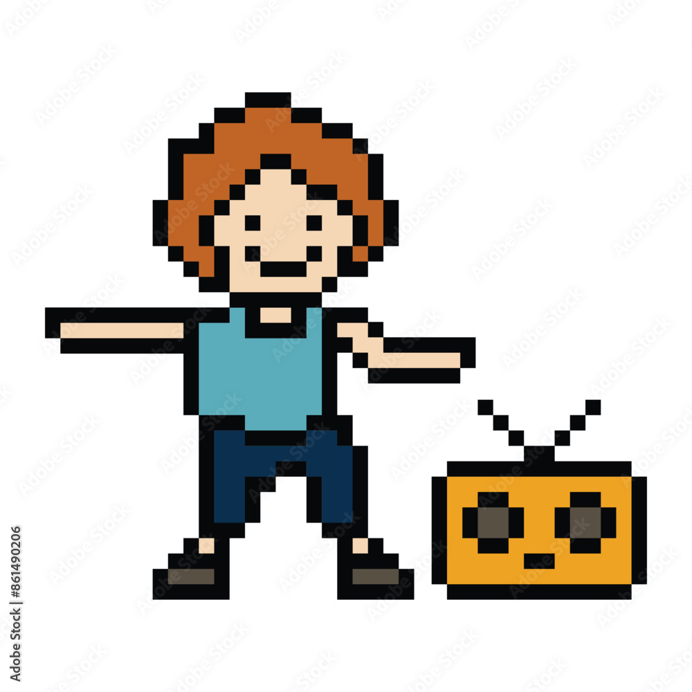 Obraz premium Cute pixel cartoon 8bit character man exercises training dance lifestyle vector decoration life style 8 bit male boy dance with music game fitness isolated vector.