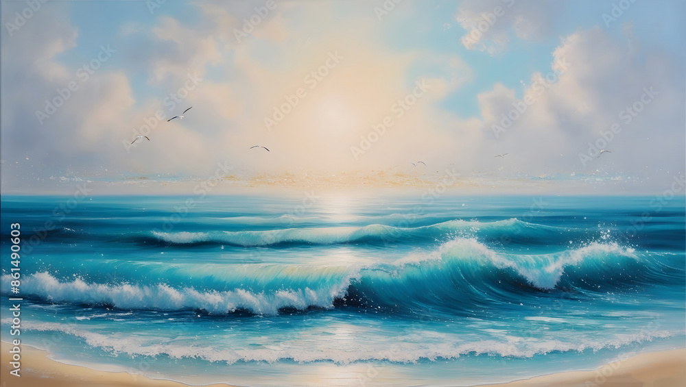 Fototapeta premium Clear waves hitting the beach against the blue sky.