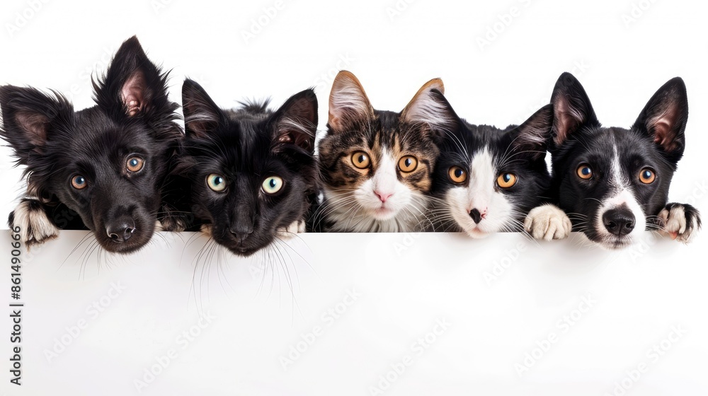 Obraz premium A group of five dogs and a cat look over a white surface, their heads and paws visible