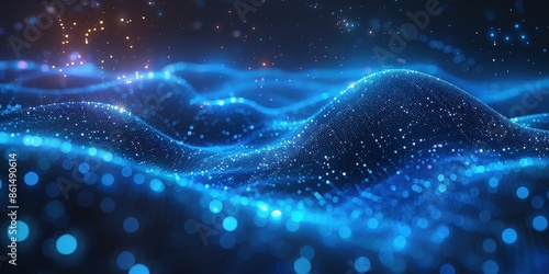 Abstract Blue and Black Wavy Background with Glowing Lights