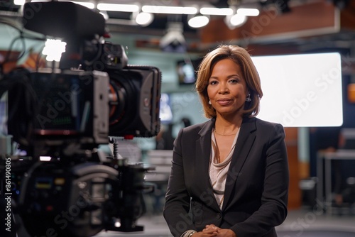Female news anchor presenting in a television studio with a camera © ALEXSTUDIO