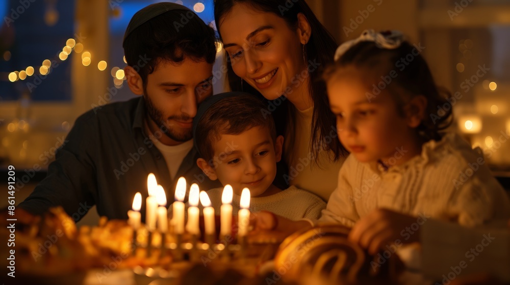 In a serene evening celebration, a family gathers around to light a menorah, their faces reflecting the joyful flames and bonding over tradition. In a serene evening celebration, a family gathers around to light a menorah, their faces reflecting the joyful flames and bonding over tradition.