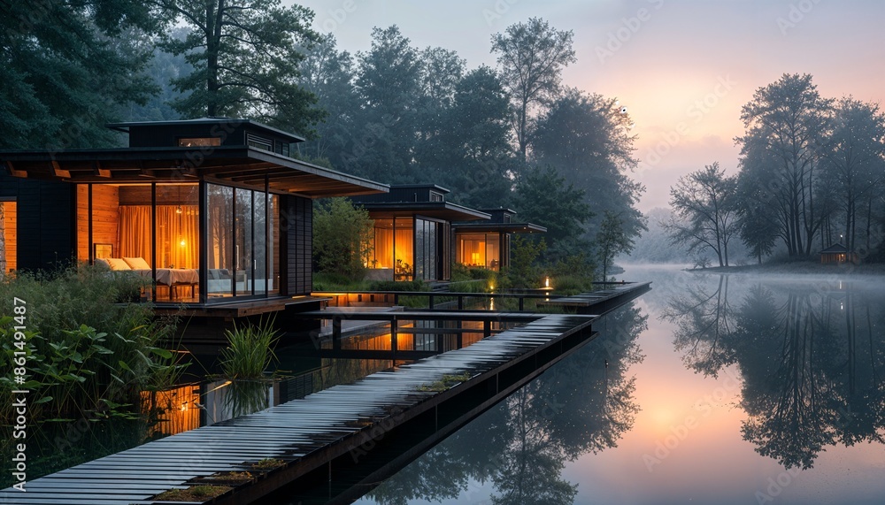 Obraz premium a house on a dock in the middle of a lake