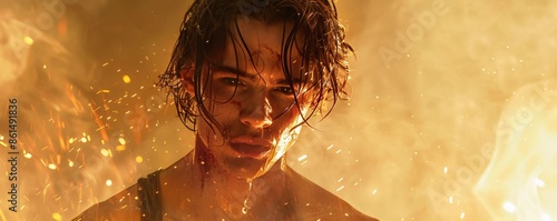 Young man with sweat and scars on his face, standing in front of an orange fire photo