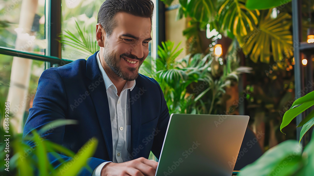 Happy businessman entrepreneur in office using laptop at work, Professional female company executive wearing suit working on computer at workplace Happy businessman entrepreneur in office using laptop at work, Professional female company executive wearing suit working on computer at workplace