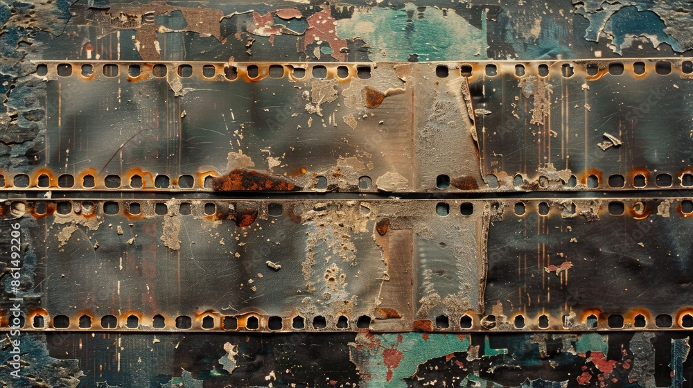 Close-up of an old filmstrip with visible signs of wear and tear, adding a vintage aesthetic to any project Close-up of an old filmstrip with visible signs of wear and tear, adding a vintage aesthetic to any project