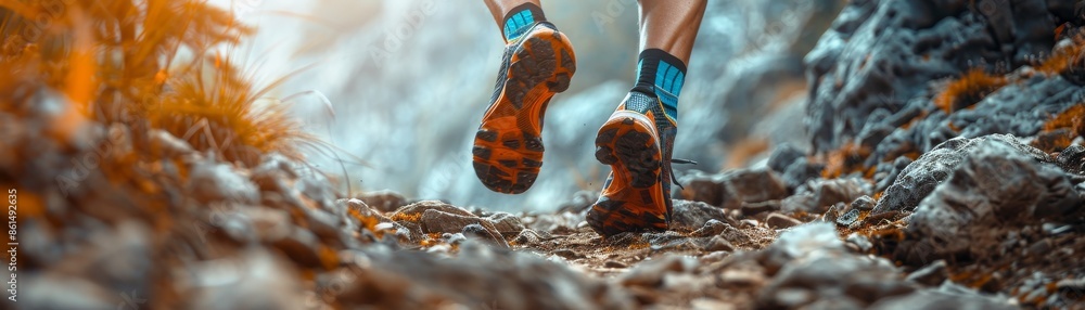 Obraz premium Close-up of a runner's feet on a rocky trail, emphasizing outdoor adventure and physical fitness in a natural setting.