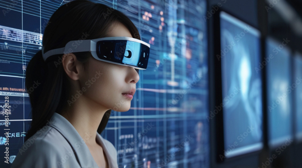 Futuristic portrait of IT specialist analysing data on transparent screen in front of her, information AI technology, cyber security concept
Futuristic portrait of IT specialist analysing data on transparent screen in front of her, information AI technology, cyber security concept
