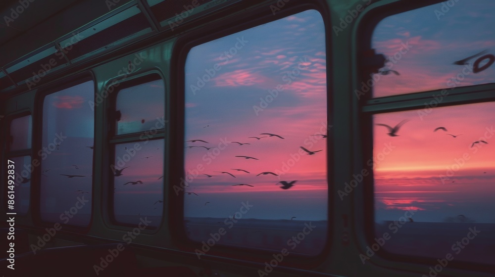 Birds soaring through the cotton candy colored sky alongside the passing train. Birds soaring through the cotton candy colored sky alongside the passing train.