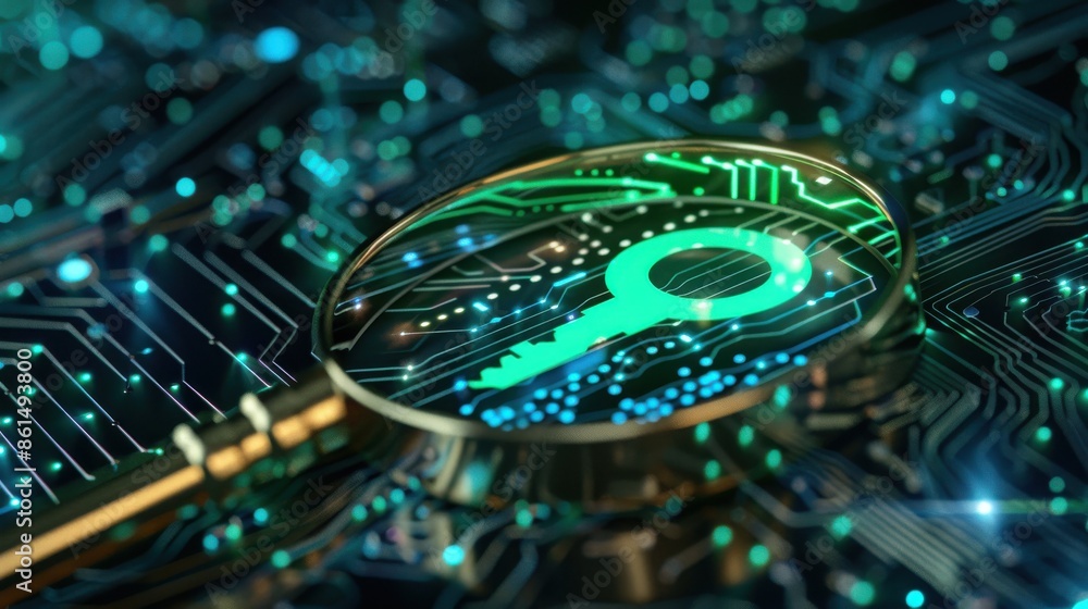 Magnifying glass, green key icon, circuit board background, side view, emphasizes secure access, futuristic tone, vivid color scheme Magnifying glass, green key icon, circuit board background, side view, emphasizes secure access, futuristic tone, vivid color scheme