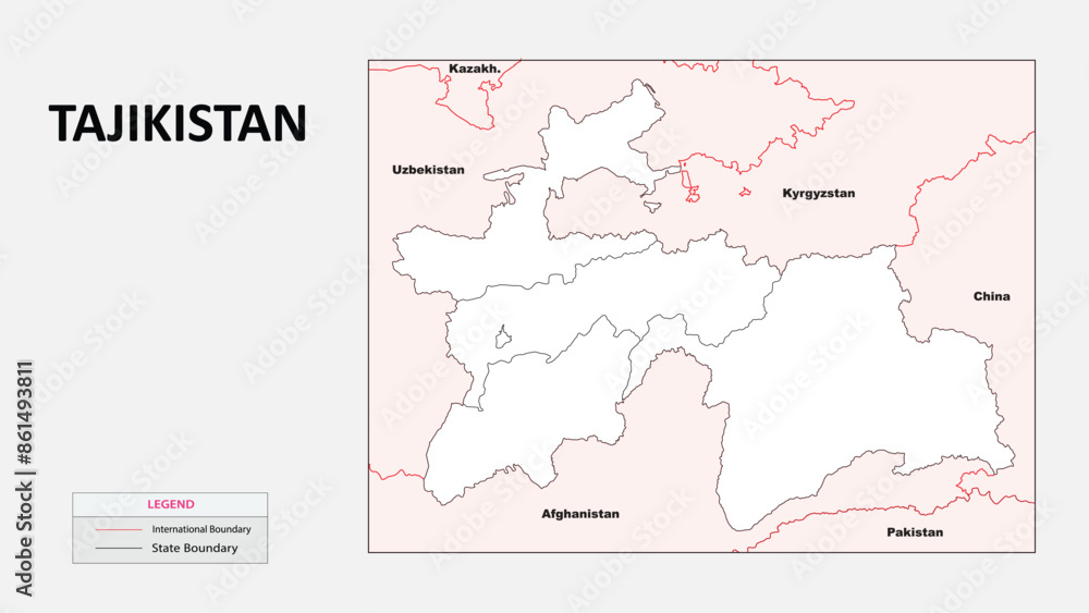 Obraz premium Tajikistan Map. Political map of Tajikistan with State border in outline. Political map of Tajikistan with outline and neighbouring countries.