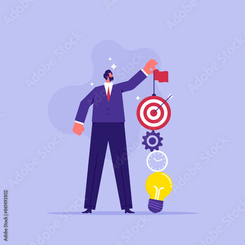 Project management process to develop and manage concept, businessman builds working process in balance