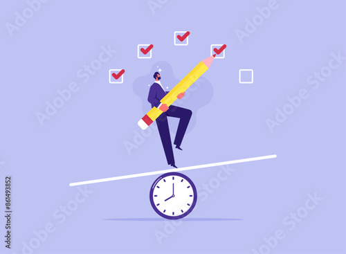 Project management process to manage and develop with resources to deliver quality product, businessman balance on clock and filling checkmark, successful completion of business tasks