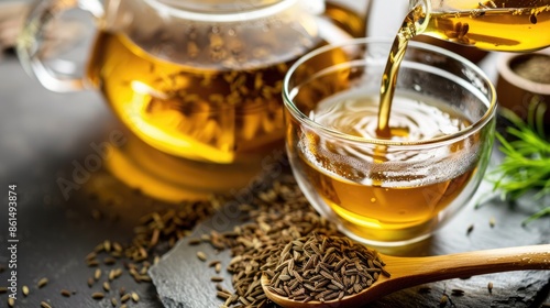 Close-up of a glass teapot pouring herbal cumin tea into a cup, with a wooden spoon holding dried cumin seeds nearby. photo