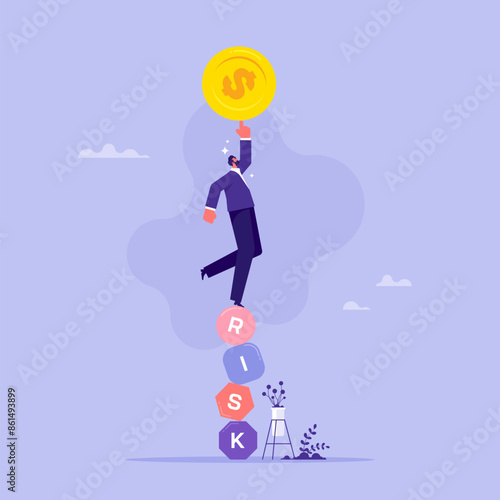 Risk management, control or assess to lose money in investing concept, preparation for safety or secure earning and loss, businessman balance on stack with the word RISK