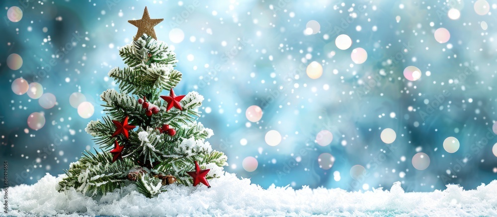 A simple and bright Christmas arrangement features a decorated fir tree, snow, and shimmering white stars against a backdrop with copy space image. A simple and bright Christmas arrangement features a decorated fir tree, snow, and shimmering white stars against a backdrop with copy space image.