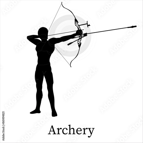 Silhouette archer bending a bow and aiming in the target icons in white background. Vector illustration.

