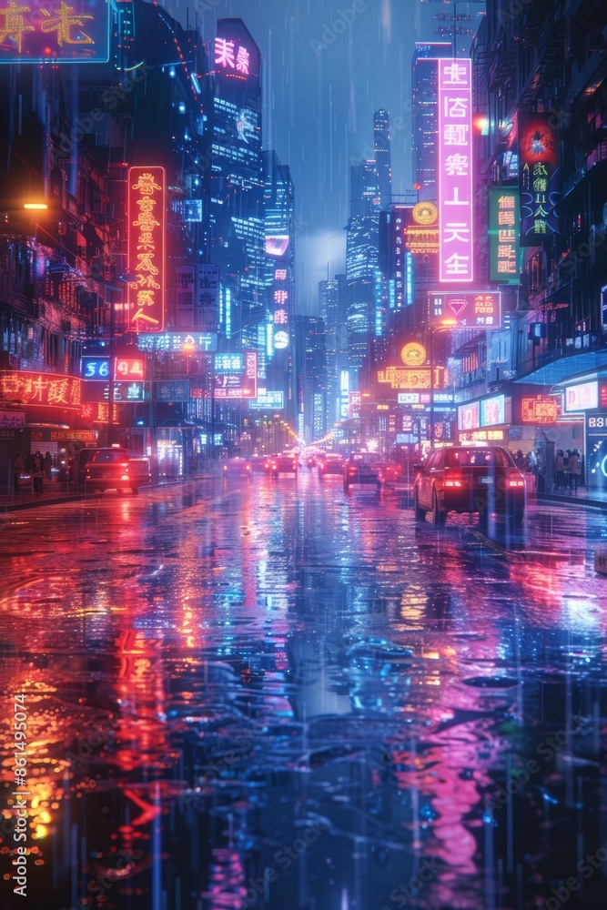 Neon-lit cityscape with holographic foreclosure signs, bankruptcy Neon-lit cityscape with holographic foreclosure signs, bankruptcy
