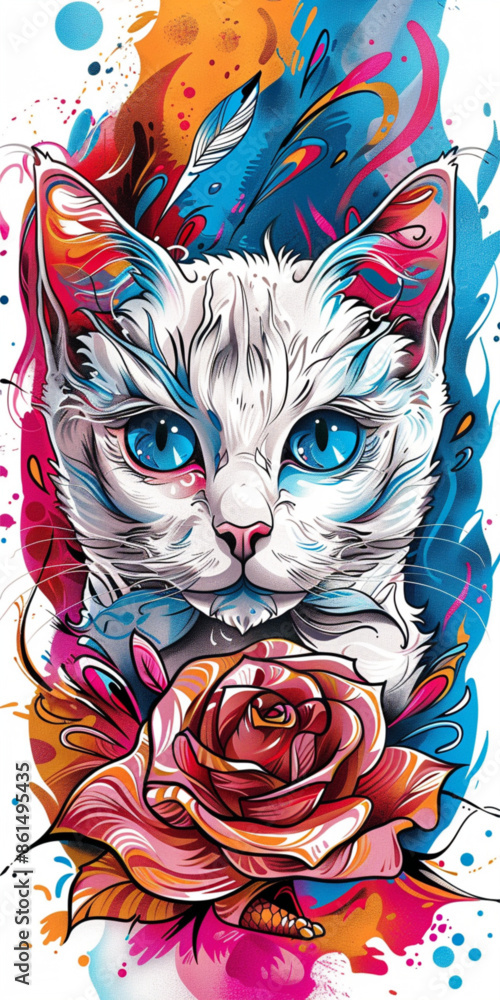 Fototapeta premium Neotraditional Tattoo: White Cat on Vibrant Background