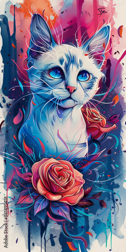 Neotraditional Design: White Cat on Colorful Background
